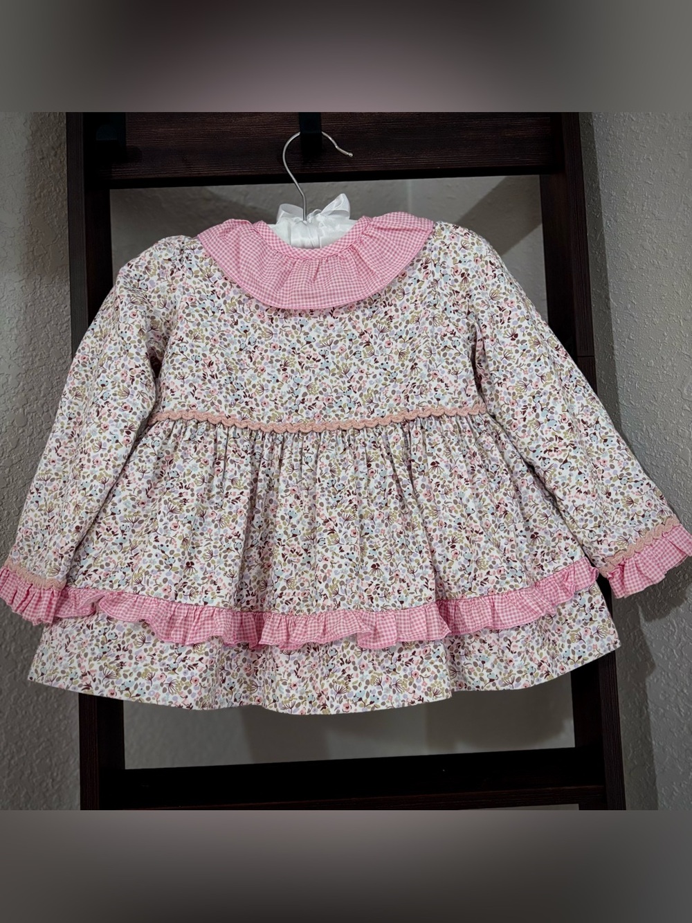 Spanish Dress Girls Pink Floral Ruffle with Gingham Trim Includes your bloomers